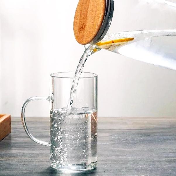 Hand Blown Glass Pitcher Set with 4 Cups & Wooden Lids - Sleek Cylindrical Hot & Cold Drinkware