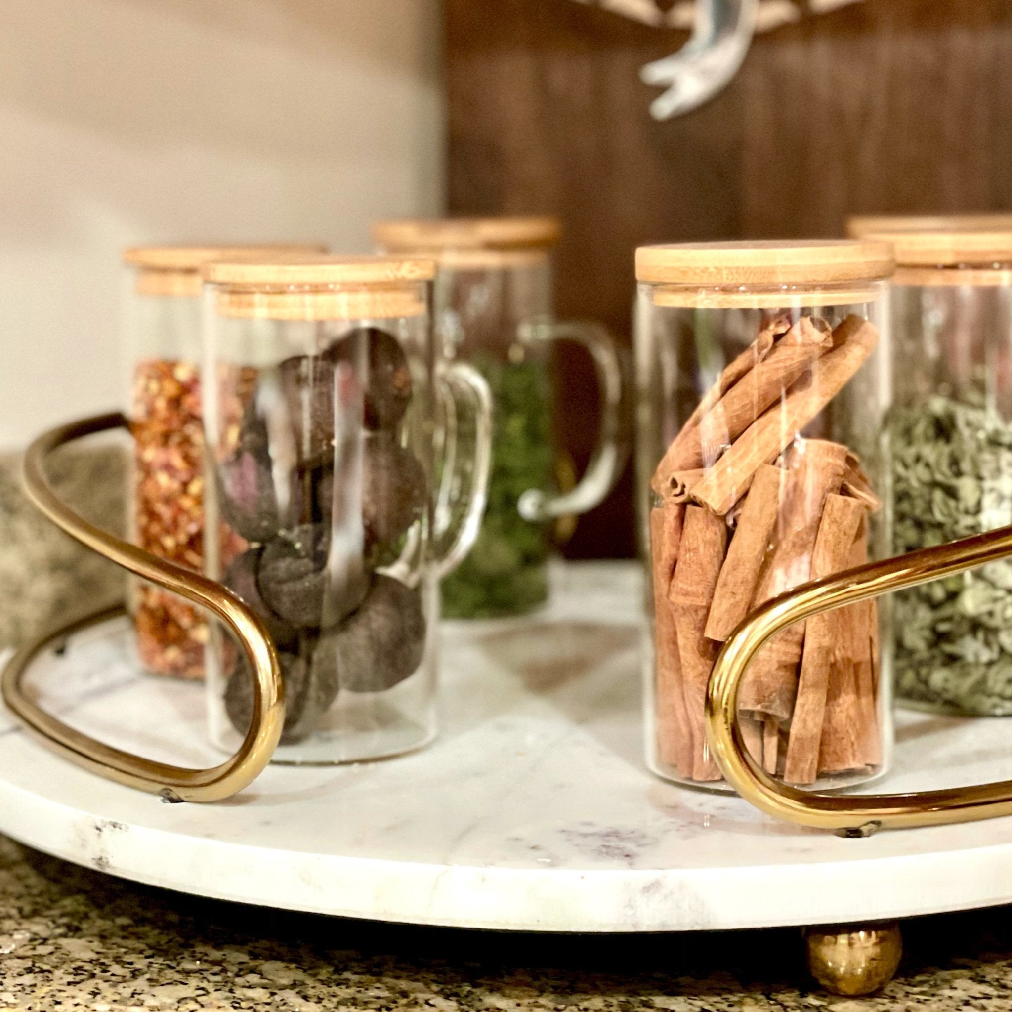 Hand Blown Glass Pitcher Set with 4 Cups & Wooden Lids - Sleek Cylindrical Hot & Cold Drinkware